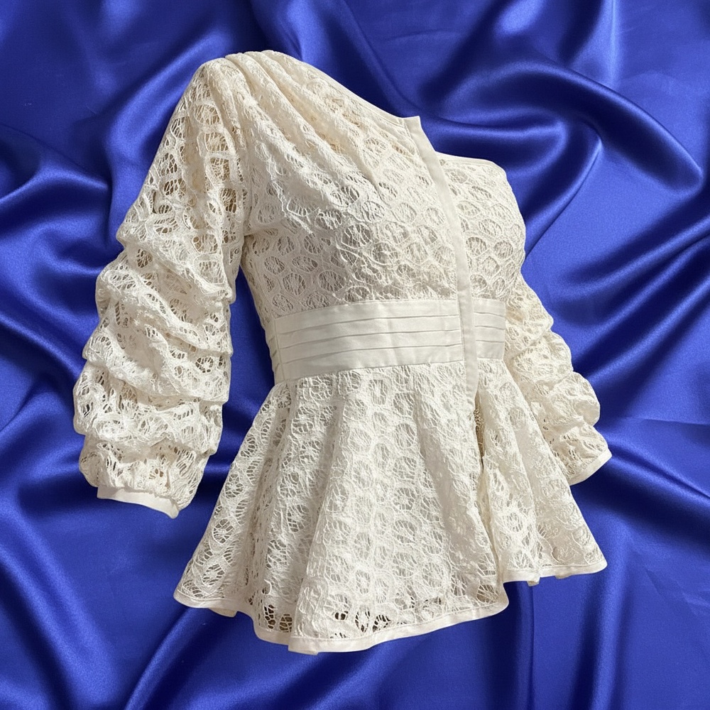 A363  HWA Apparel Romantic Core White Lace Peplum Top One-Shoulder Sleeve NWOT L - Picture 6 of 10